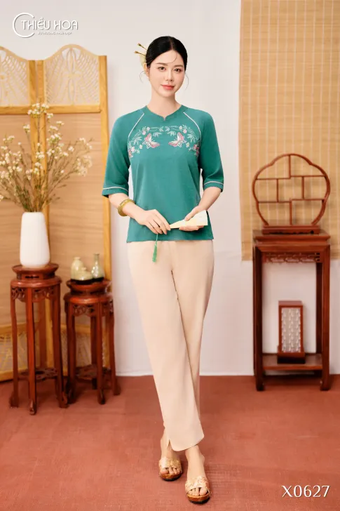 Đồ Bộ Trung Niên Đũi Linen Cao Cấp Thêu Hoa Thanh Nhã, Thoáng Mát DB5X0627 – Thương Hiệu Thiều Hoa