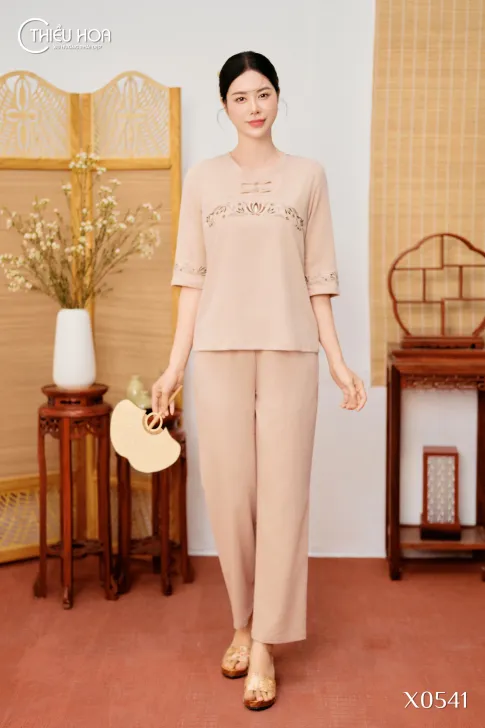 Đồ Bộ Trung Niên Linen Thun Thiều Hoa DB5X0541 – Thoáng Mát & Thanh Lịch