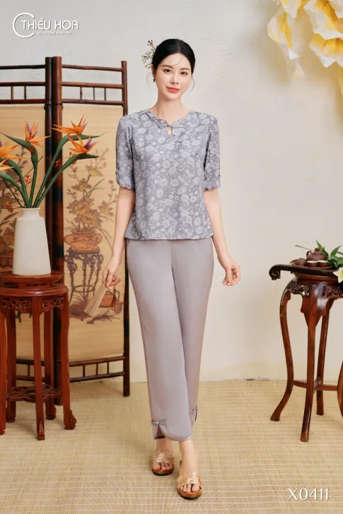 Đồ Bộ Trung Niên Thiết Kế Cao Cấp Chất Liệu Lụa Gấm Hoa Thương Hiệu Thiều Hoa DB5X0411