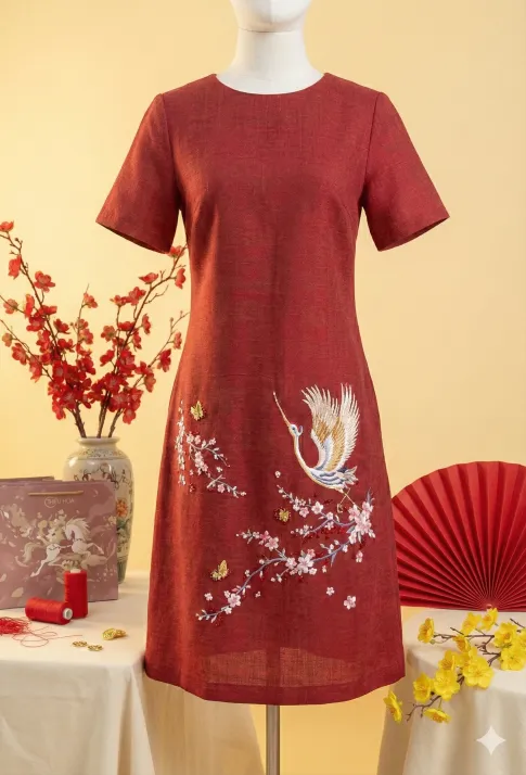 Combo Quà Tết Sang Trọng 2026: Hộp Quà Daily & Đầm Trung Niên Thêu Hạc DD4L0736