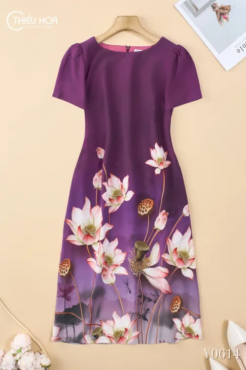 Đầm trung niên dạo phố lụa Mango in hoa cổ điển quý phái DD5Y0614 – Thiều Hoa