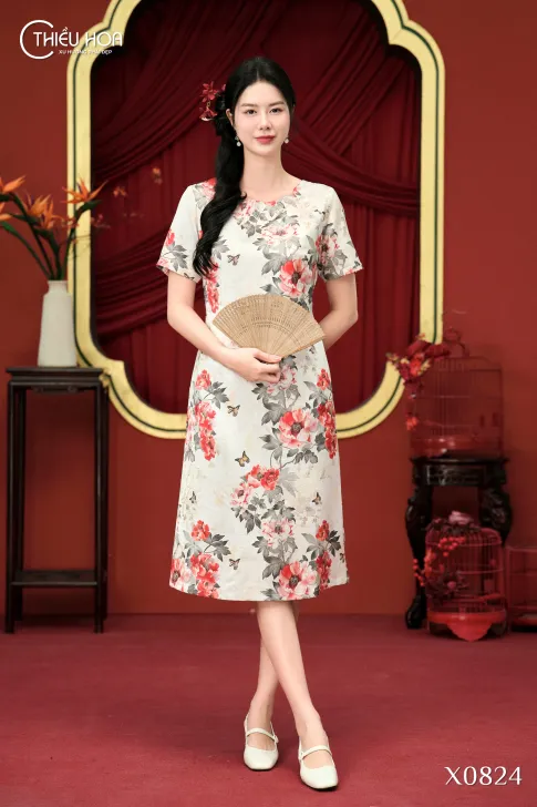 Đầm Trung Niên Truyền Thống Gấm Lụa Hoa Cao Cấp & Quý Phái DD5X0824