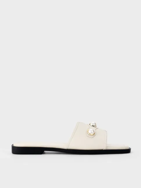 Dép nữ mũi vuông đính ngọc trai, quai ngang da mềm DB5B0117 - Thương hiệu La Camie