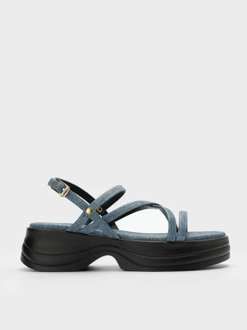 Sandal nữ đế platform quai đan chéo, denim da microfiber chống trượt GC5B0111- La Camie