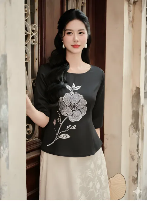 Áo Kiểu Trung Niên Cotton Thô Thêu Hoa Tinh Xảo AN5X0839 - Thiều Hoa