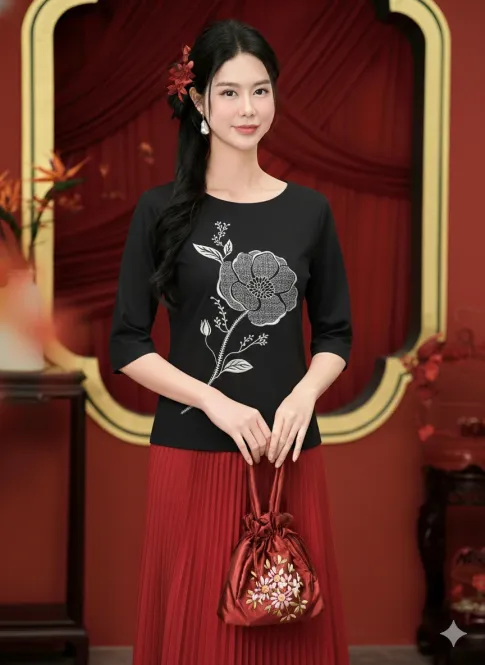 Áo Kiểu Trung Niên Cotton Thô Thêu Hoa Tinh Xảo AN5X0839 - Thiều Hoa