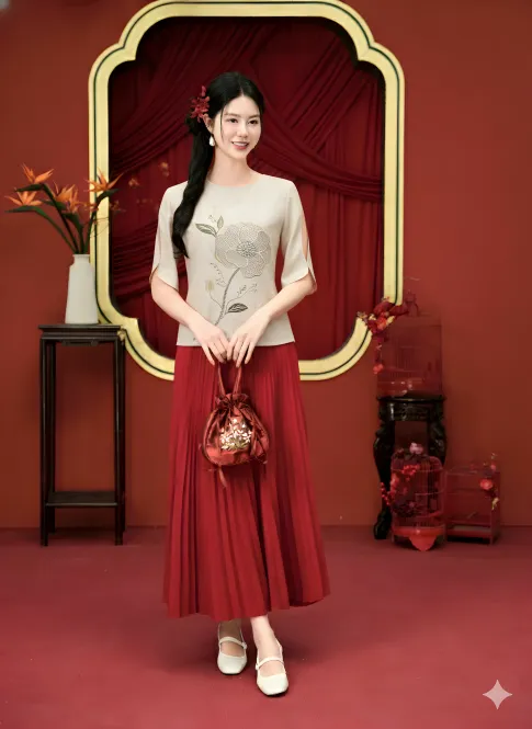 Áo Kiểu Trung Niên Cotton Thô Thêu Hoa Tinh Xảo AN5X0839 - Thiều Hoa