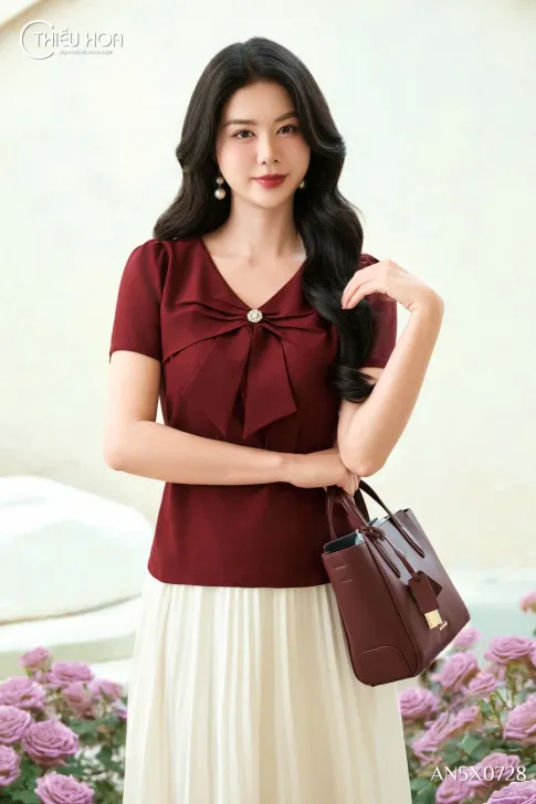 Áo Kiểu Trung Niên Lụa Cao Cấp Thiết Kế Phối Nơ Đá Sang Trọng AN5X0728