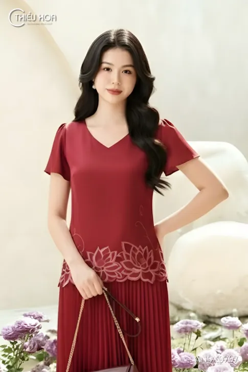 Áo Kiểu Trung Niên Lụa Nhăn Thêu Hoa Lai Tinh Xảo AN5X0707