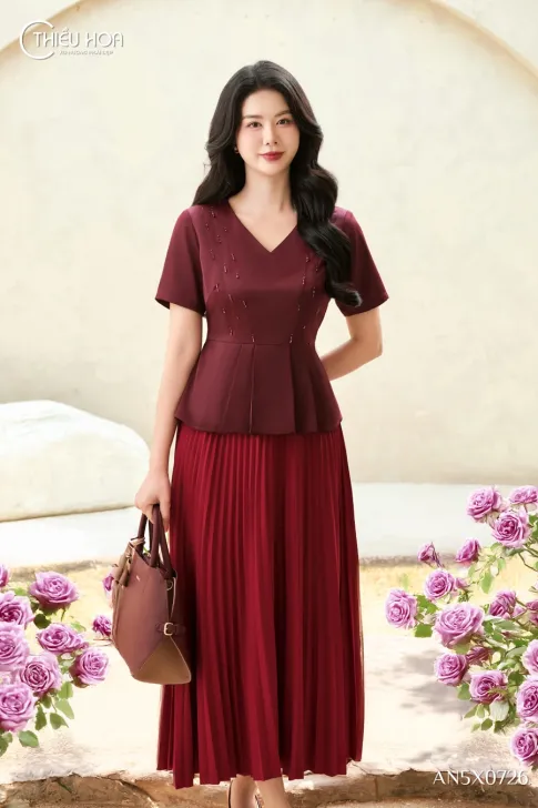 Áo Kiểu Trung Niên Lụa Thiết Kế Peplum Đính Đá Thủ Công AN5X0726 - Thiều Hoa