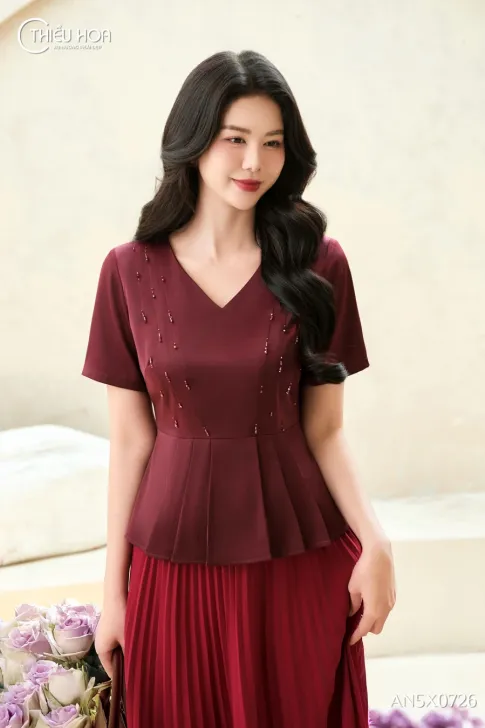 Áo Kiểu Trung Niên Lụa Thiết Kế Peplum Đính Đá Thủ Công AN5X0726 - Thiều Hoa