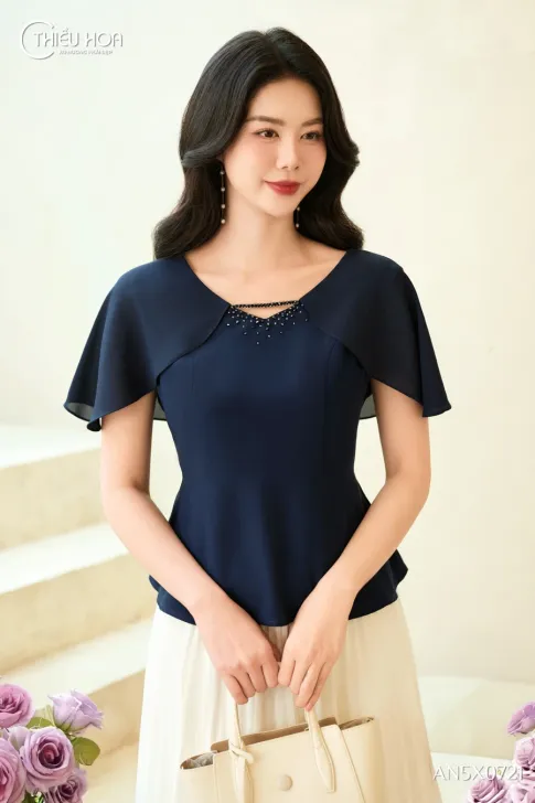 Áo Kiểu Trung Niên Lụa Thiết Kế Peplum Tay Cánh Tiên Sang Trọng AN5X0721
