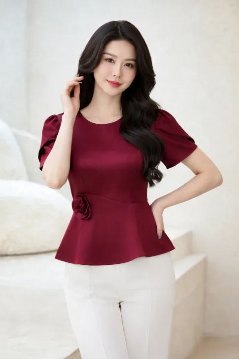 Áo Kiểu Trung Niên Lụa Vân Sóng Thiết Kế Peplum Đính Hoa 3D AN5X0812