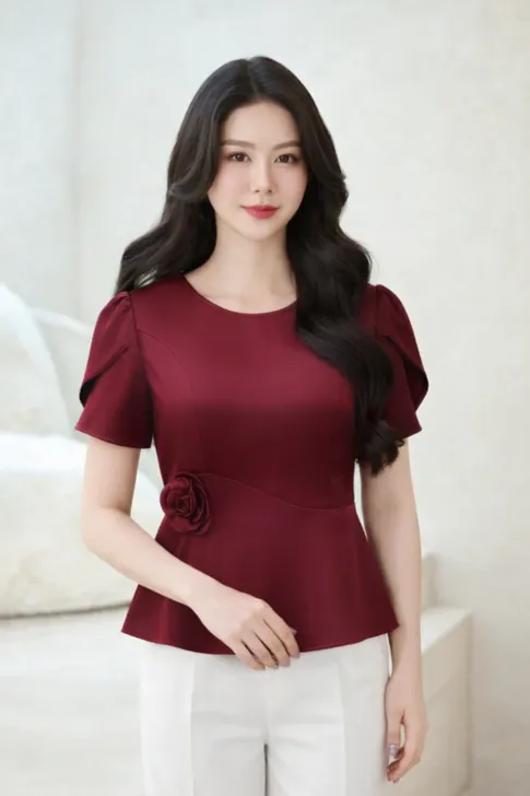 Áo Kiểu Trung Niên Lụa Vân Sóng Thiết Kế Peplum Đính Hoa 3D AN5X0812