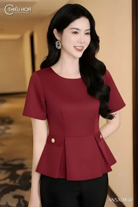 Áo Kiểu Trung Niên Peplum Chéo Hàn Quốc Xếp Ly Tôn Dáng AN5X0830