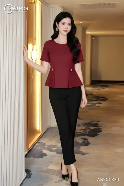 Áo Kiểu Trung Niên Peplum Chéo Hàn Quốc Xếp Ly Tôn Dáng AN5X0830