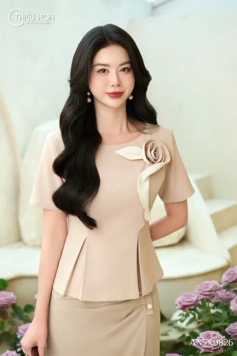 Áo Kiểu Trung Niên Thiết Kế Peplum Giấu Dáng, Vải Xẹc Ý Cao Cấp AN5X0826 - Thiều Hoa