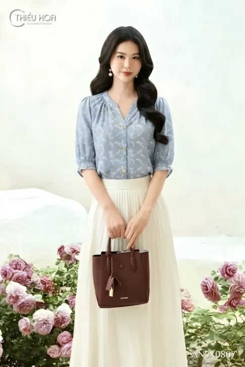Áo Sơ Mi Trung Niên Cotton Lụa Tay Phồng Duyên Dáng AN5X0807 - Thiều Hoa