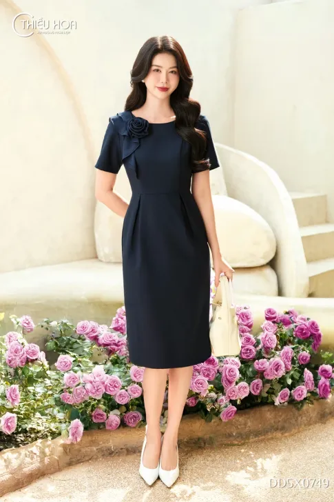 Đầm Dự Tiệc Trung Niên Cotton Hàn Phối Tằm Ý Sang Trọng DD5X0749