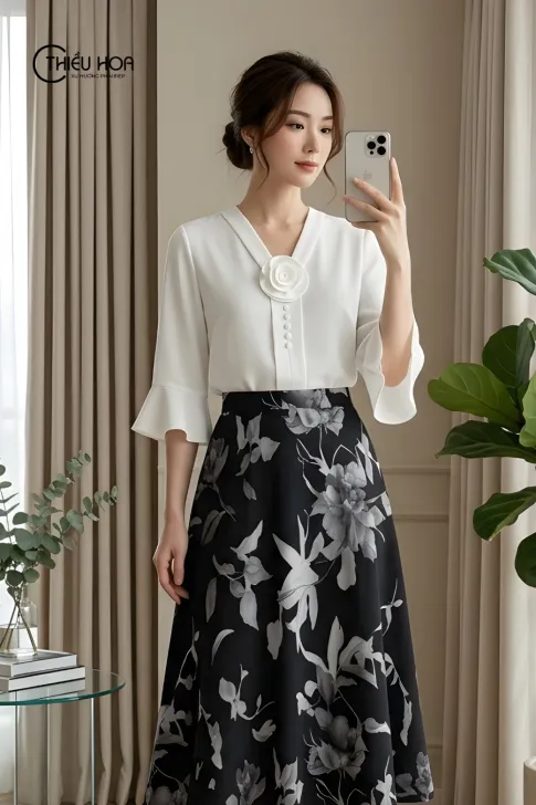 Áo kiểu trung niên lụa hồng ngọc AN5X0941 - Vẻ đẹp kiêu sa và thanh lịch