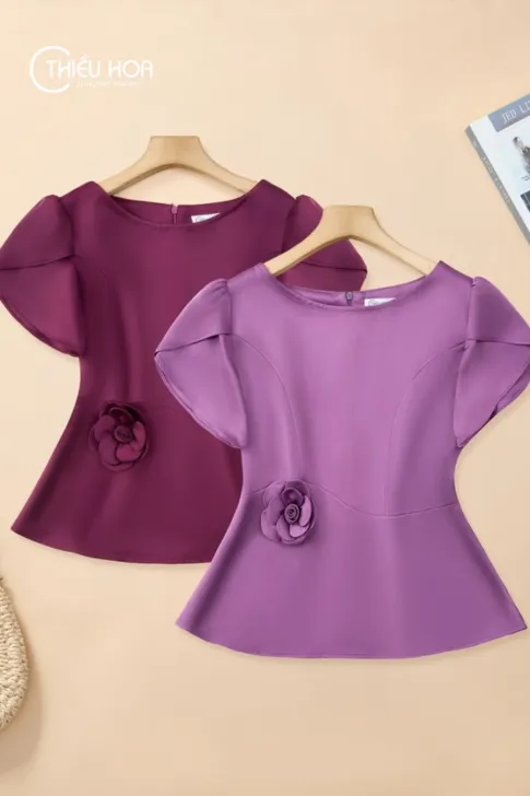 Áo Kiểu Trung Niên Lụa Vân Sóng Thiết Kế Peplum Đính Hoa 3D AN5X0812