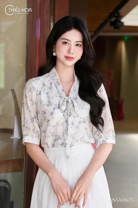 Áo Kiểu Trung Niên Voan Hoa Chiffon Phối Bèo Thanh Lịch AN5X0623