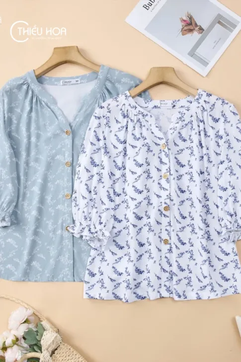 Áo Sơ Mi Trung Niên Cotton Lụa Tay Phồng Duyên Dáng AN5X0807 - Thiều Hoa