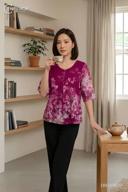 Đồ Bộ Lụa In Hoa DB5Y0610 Mặc Nhà Thoáng Mát, Tôn Dáng
