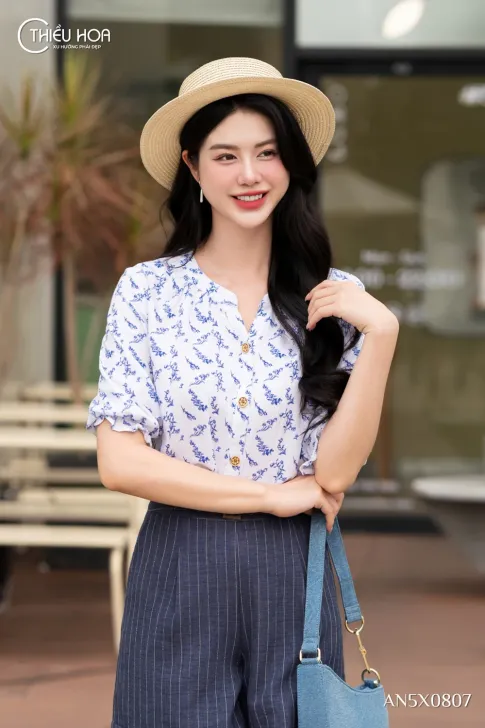 Áo Sơ Mi Trung Niên Cotton Lụa Tay Phồng Duyên Dáng AN5X0807 - Thiều Hoa