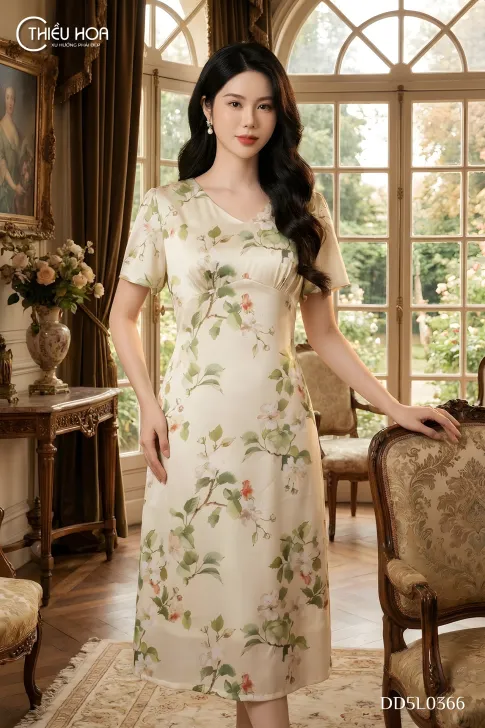 Đầm Trung Niên Dạo Phố Lụa In Hoa Dáng Chữ A Thanh Lịch DD5L0366