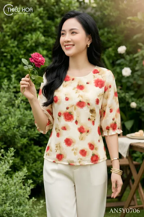 Áo Kiểu Trung Niên Voan Ép In Hoa Thanh Lịch AN5Y0706 - Thiều Hoa