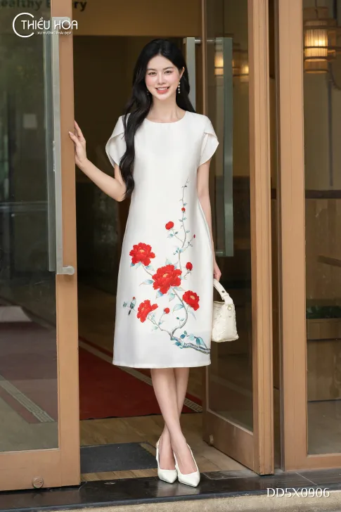 Đầm dạo phố lụa in DD5X0906 thanh lịch từ họa tiết thiên nhiên