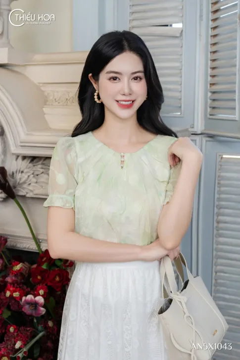 Áo Kiểu Trung Niên Voan Dệt Loang Màu Đính Ngọc Trai AN5X1043