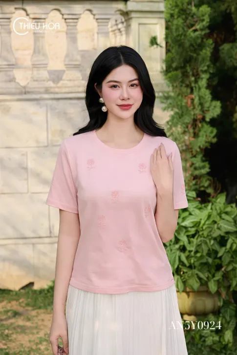 Áo Thun Cotton AN5Y0924 Thêu Hoa Tinh Tế, Thoáng Mát