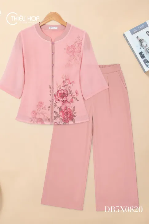 Đồ Bộ Trung Niên Lụa Phối Chiffon DB5X0820 Nữ Tính, Sang Trọng