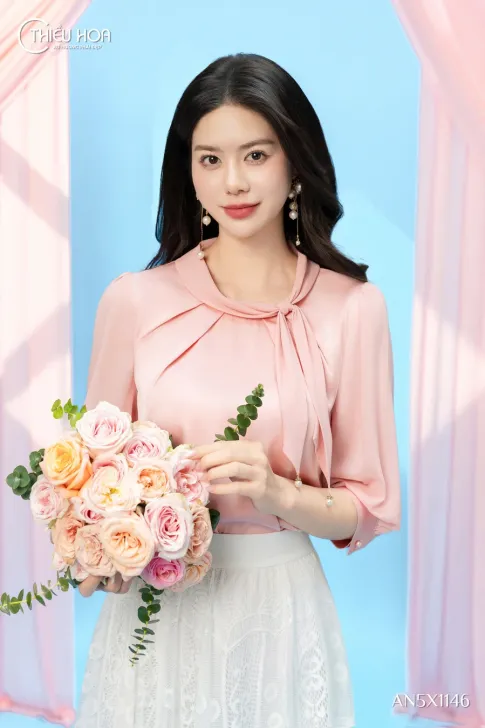 Áo kiểu lụa phối chiffon AN5X1146 Thiều Hoa nữ tính mềm mại