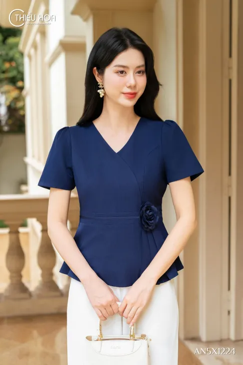 Áo kiểu cotton lạnh peplum AN5X1224 cao cấp thiết kế độc quyền Thiều Hoa