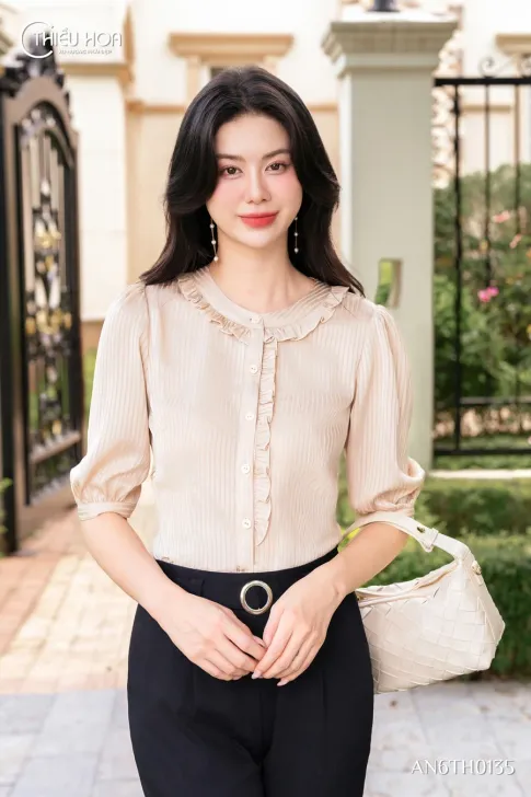 Áo kiểu lụa sọc AN6TH0135 cao cấp, thiết kế nữ tính độc quyền từ Thiều Hoa