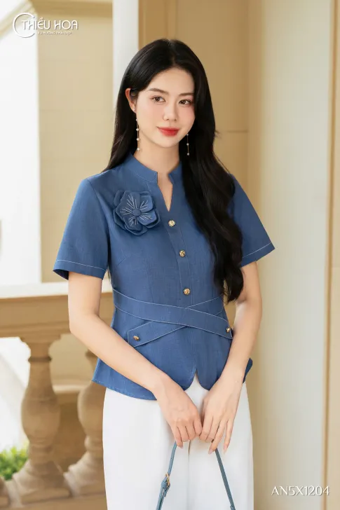 Áo Kiểu Trung Niên Bố Xước Dáng Peplum Hoa 3D AN5X1204 Thiều Hoa