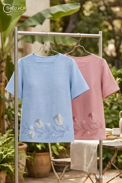 Áo Kiểu Trung Niên Vải Đũi AN6TH0434 Thêu Hoa Dịu Dàng Nữ Tính Từ Thiều Hoa