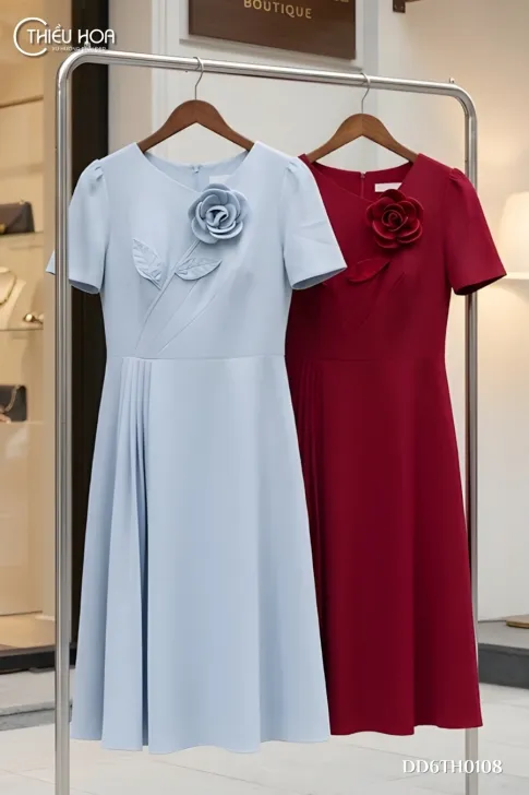 Đầm Dự Tiệc Cotton Lạnh Chiết Eo DD6TH0108 Thiết Kế Độc Quyền Sang Trọng Từ Thiều Hoa
