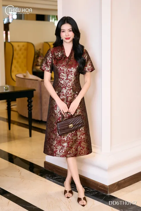 Đầm Dự Tiệc Trung Niên Tafta Gấm Dáng Chữ A Nhẹ DD6TH0147 | Thiều Hoa