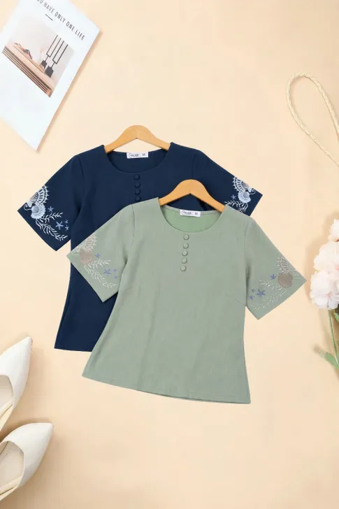Áo Kiểu Trung Niên Cổ Tròn Vải Đũi AN5X1129 Thêu Hoa Tinh Tế | Thiều Hoa