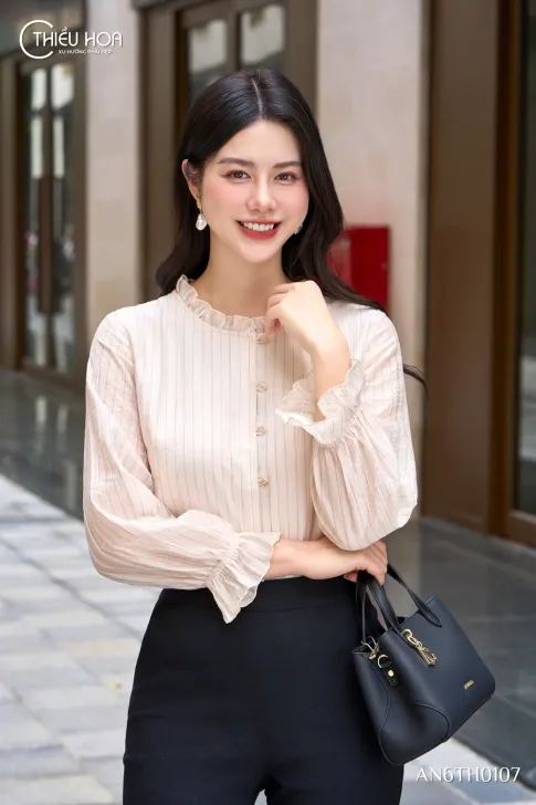 Áo Kiểu Voan Sọc Nữ Trung Niên AN6TH0107 Phối Bèo Sang Trọng