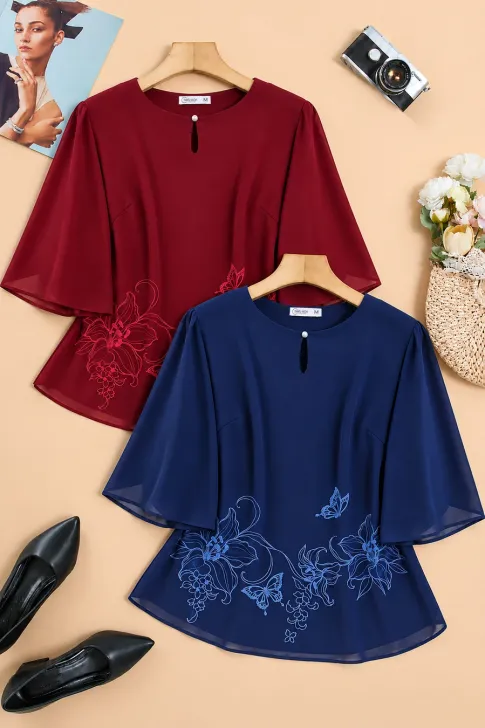 Áo Kiểu Trung Niên Tơ Thêu Hoa Nữ Tính AN6TH0326 | Thiều Hoa