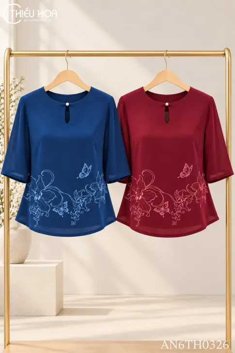 Áo Kiểu Trung Niên Tơ Thêu Hoa Nữ Tính AN6TH0326 | Thiều Hoa