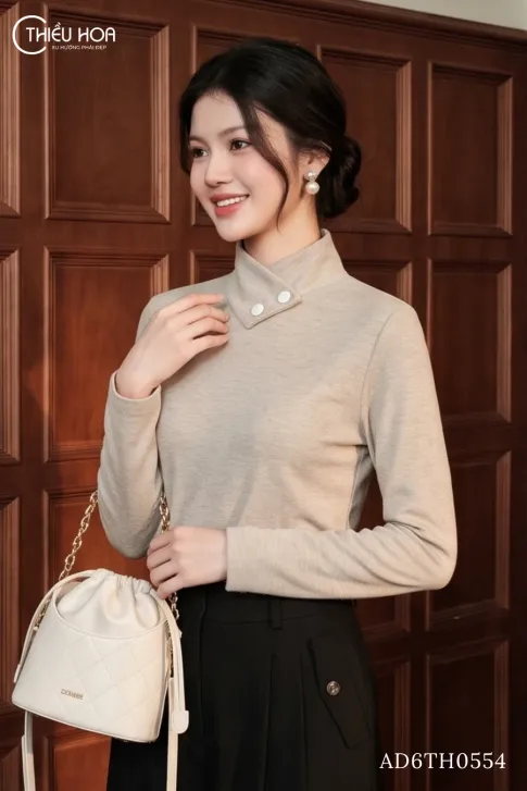 Áo Kiểu Vải Thun Lông Dệt Kim Cổ Cao AD6TH0554 Tinh Tế
