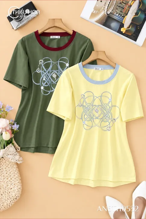 Áo Thun Cotton AN6TH0532 Thiết Kế Độc Quyền, Đính Hoa 3D Sang Trọng