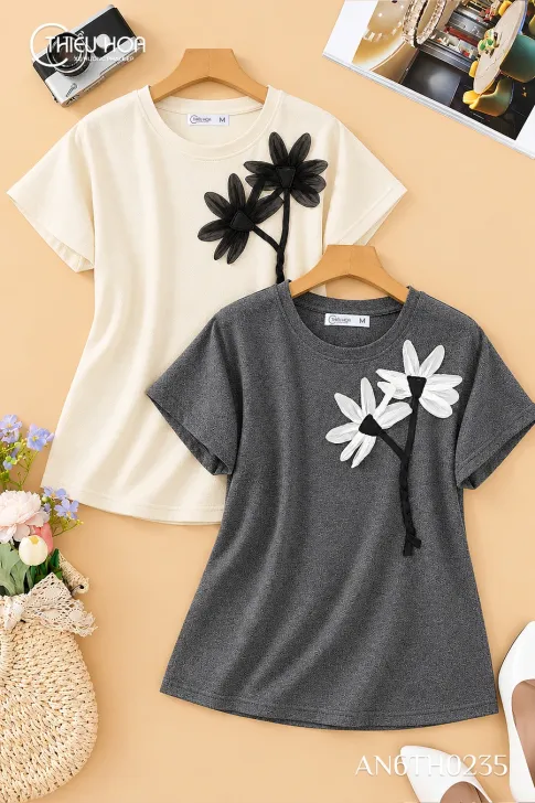 Áo Thun Cotton Cổ Tròn AN6TH0235 Thiết Kế Độc Quyền, Đính Hoa 3D