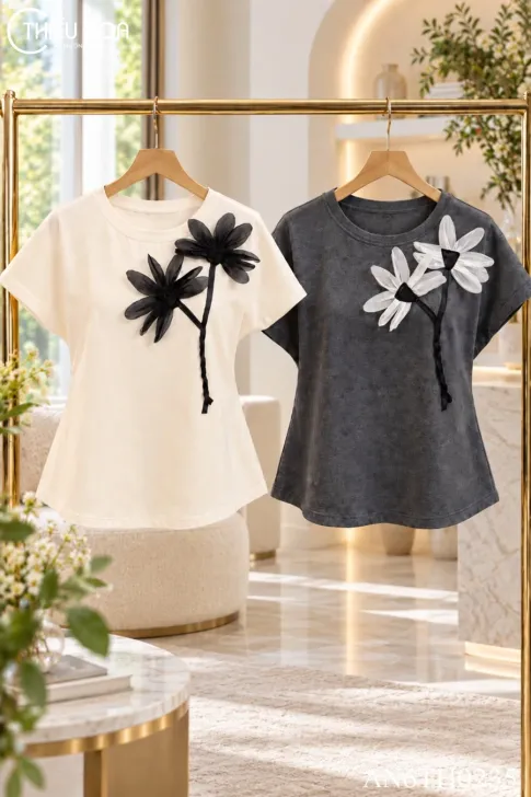 Áo Thun Cotton Cổ Tròn AN6TH0235 Thiết Kế Độc Quyền, Đính Hoa 3D
